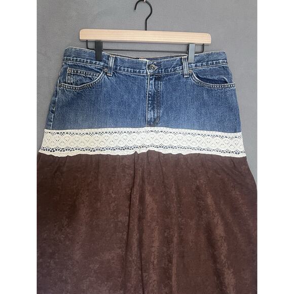 VTG Gap Upcycled Denim & Brown Fringe Skirt Women Sz 16 Western Cowgirl USA - Picture 4 of 11